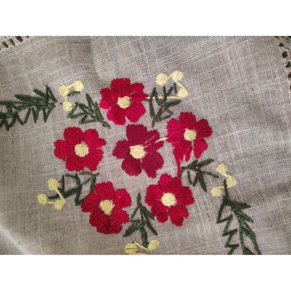 Embroidered Square Table Cloth Red Yellow Flower Crochet Trim Cottage Country - Picture 4 of 4